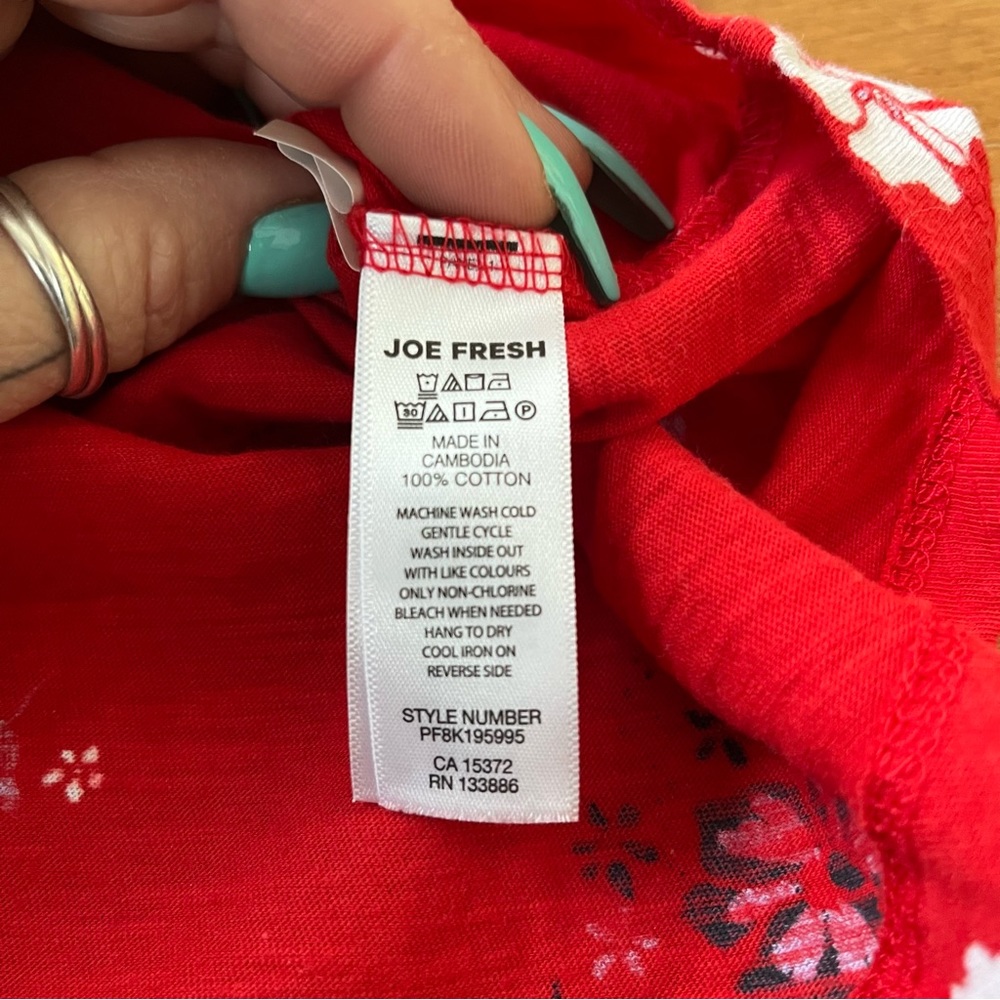 NWOT • Joe Fresh Long Sleeve Tee, Red with Flower Pattern - Picture 4 of 8